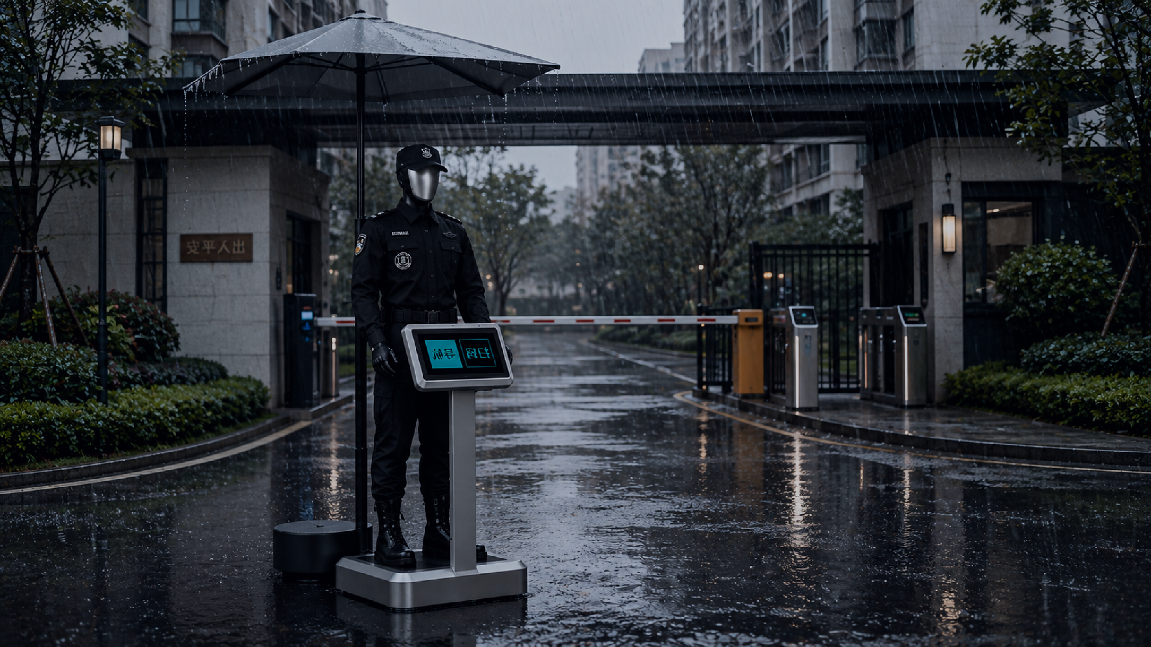 小哨 阴雨天户外门岗雨中值守实景